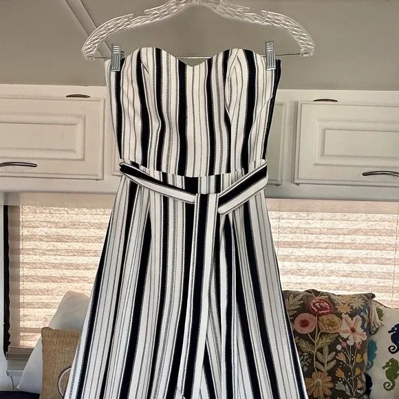 NWT H&M Chic Strapless Jumper Size 0 Wide Leg Crop Black White Striped Belted - Picture 6 of 9